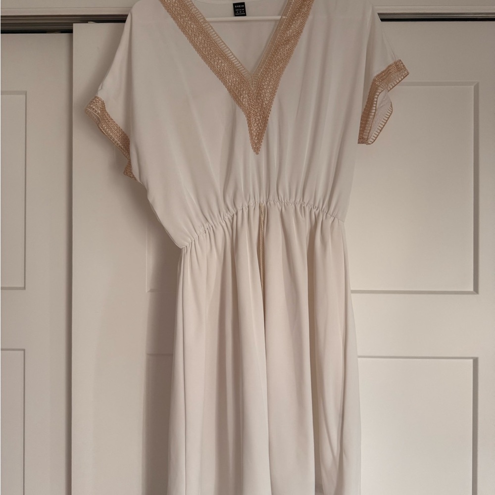 SHEIN White and Tan Midi Dress